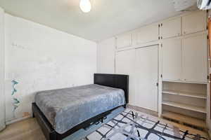 Bedroom featuring baseboards, a closet, and light colored carpet
