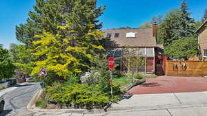 View of front of property featuring a chimney, roof with shingles, and fence