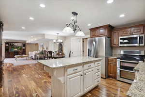 Kitchen featuring stainless steel appliances, light wood finished floors, open floor plan, recessed lighting, and pendant lighting