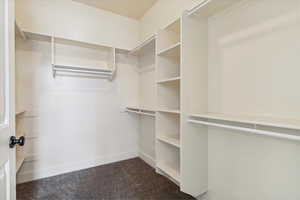 Spacious closet with dark colored carpet