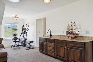 Workout room with a sink, carpet floors, and baseboards