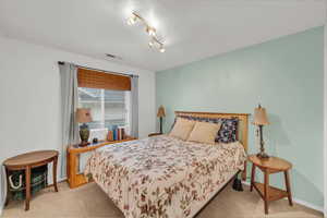 Bedroom with carpet, a textured ceiling, baseboards, and rail lighting