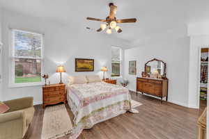 Bedroom with a spacious closet, multiple windows, and wood finished floors