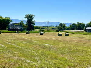 View of grassy yard featuring a mountain view and a view of countryside