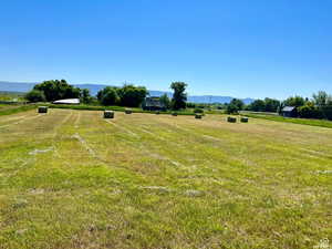 View of grassy yard with a view of countryside and a mountain view
