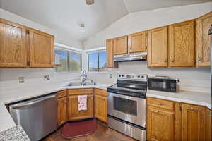 Kitchen featuring appliances with stainless steel finishes, a sink, under cabinet range hood, vaulted ceiling, and dark wood-style flooring