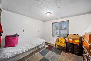 Bedroom with a textured ceiling, ornamental molding, and a textured wall