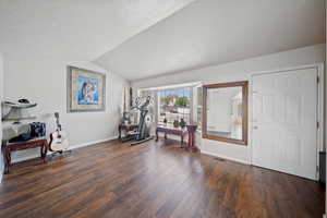 Entrance foyer featuring dark wood finished floors, a textured ceiling, baseboards, and vaulted ceiling