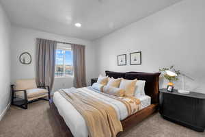 Bedroom with carpet, baseboards, and recessed lighting