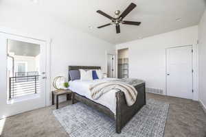 Bedroom with carpet flooring, ceiling fan, and recessed lighting