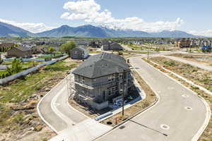 Aerial view of residential area with mountains