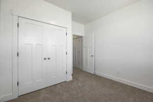 Unfurnished bedroom featuring carpet flooring, baseboards, and a closet