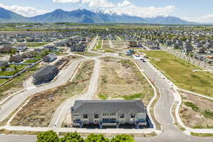 Aerial perspective of suburban area with mountains