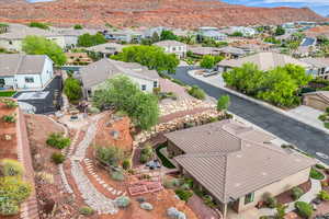 Aerial view of residential area with a mountain backdrop