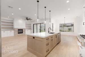 Kitchen featuring a sink, light wood-style floors, dishwasher, a stone fireplace, and recessed lighting
