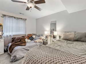 Bedroom featuring carpet flooring and ceiling fan