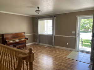 Interior space with multiple windows, a textured ceiling, ornamental molding, access to outside, and wood finished floors