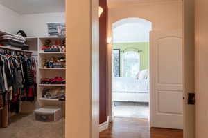 Spacious closet with arched walkways and wood finished floors