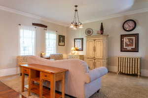 Living area featuring crown molding and baseboards