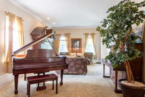 Living area with carpet floors, crown molding, and recessed lighting