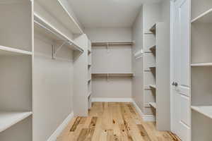Walk in closet with light wood-type flooring
