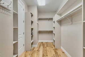 Walk in closet with light wood-style flooring