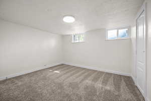Below grade area with carpet floors, baseboards, and a textured ceiling