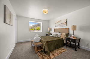 Bedroom with carpet floors and baseboards