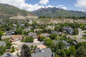 Aerial perspective of suburban area with mountains