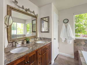 Bathroom featuring healthy amount of natural light, double vanity, baseboards, and a tub