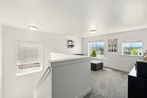 Carpeted office space with baseboards