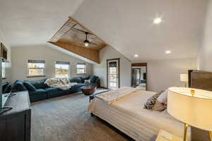 Carpeted bedroom featuring lofted ceiling, recessed lighting, and ceiling fan