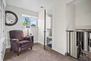 Living area featuring carpet, baseboards, and a textured ceiling