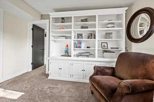 Living area with carpet flooring
