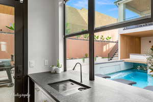 View of swimming pool featuring a sink