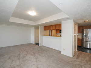 living room with a textured ceiling, carpet flooring, and a tray ceiling.