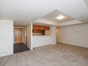 Unfurnished living room with a textured ceiling, carpet floors, a raised ceiling, and baseboards