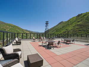View of patio / terrace featuring a mountain view