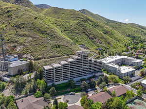 Drone / aerial view of a mountainous background