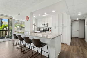Kitchen featuring stainless steel appliances, a sink, a wall of windows, dark wood finished floors, and white cabinetry