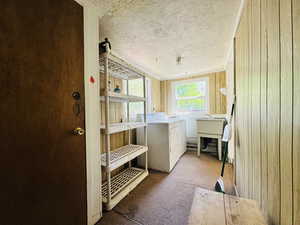 Clothes washing area with washer and dryer, carpet floors, wooden walls, and a textured ceiling
