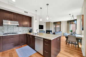 Kitchen with ventilation hood, stainless steel appliances, a sink, a peninsula, and light wood-style flooring