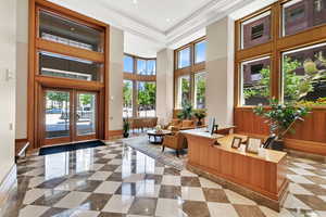 Building lobby with a towering ceiling