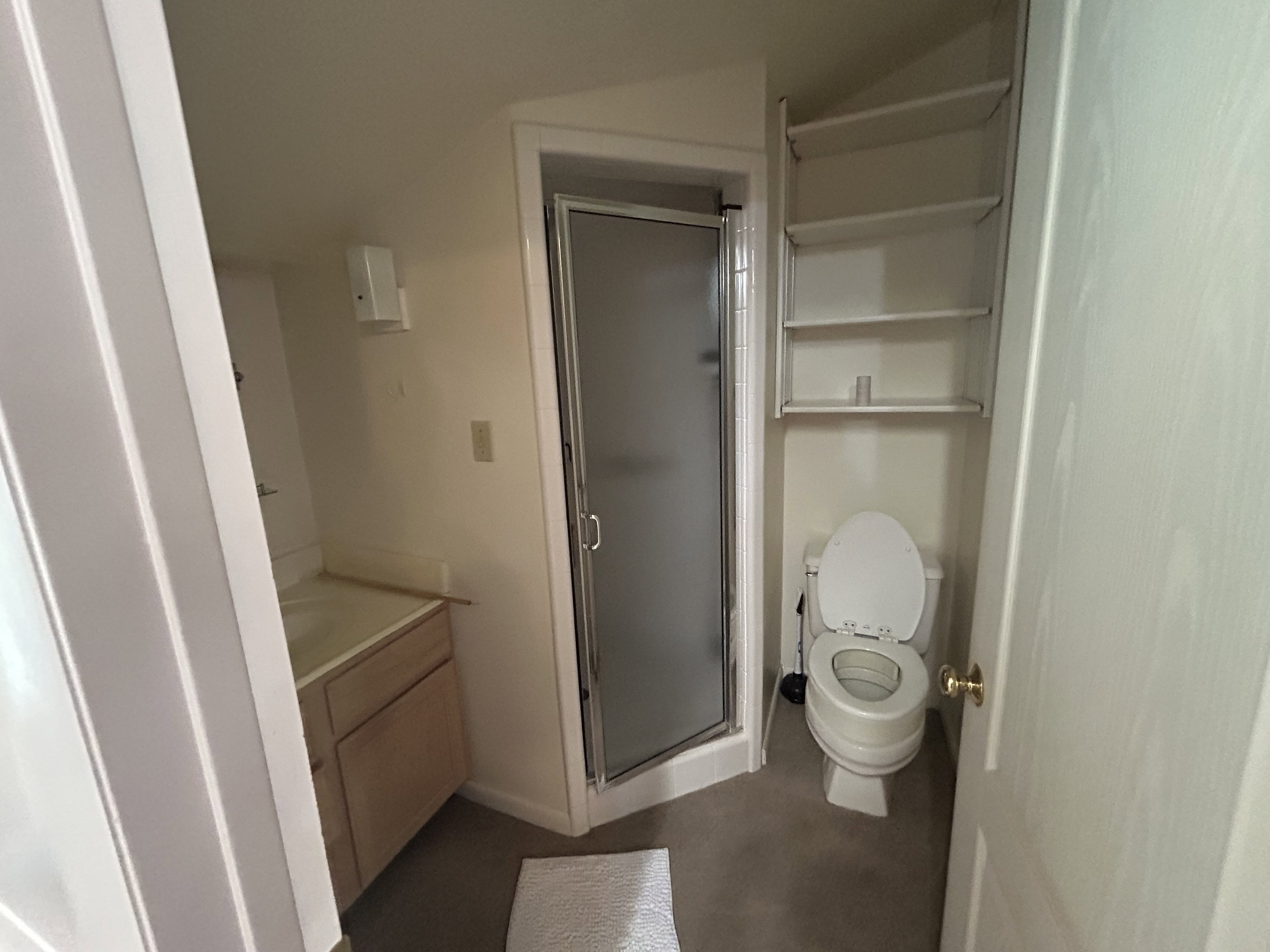 Bathroom with a stall shower, vanity, toilet, and lofted ceiling