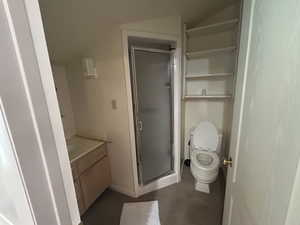Bathroom with a stall shower, vanity, toilet, and lofted ceiling