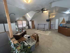 Additional living space with lofted ceiling, ceiling fan, a textured ceiling, and light carpet