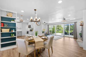 Dining room featuring recessed lighting, a chandelier, ceiling fan, and light wood-type flooring