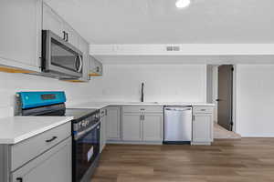 Kitchen with stainless steel appliances, a sink, wood finished floors, gray cabinetry, and a textured ceiling