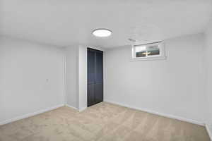Below grade area with light carpet and baseboards