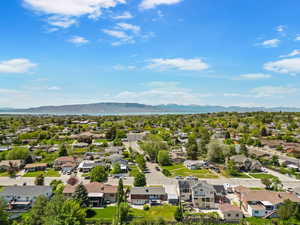 Aerial view of residential area with mountains